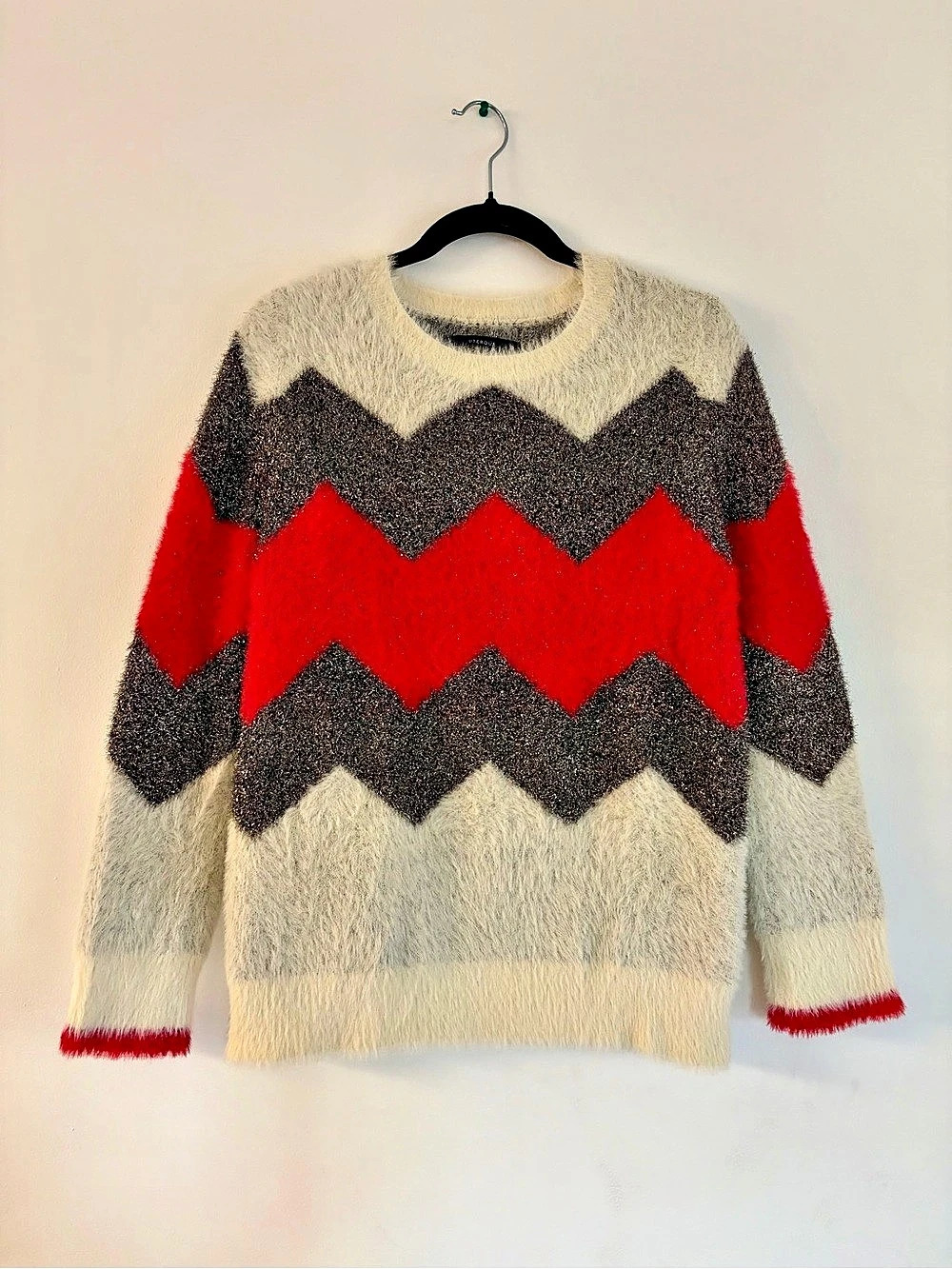 Uterqüe Fuzzy Metallic Chevron Sweater Red Cream Gray Size S
